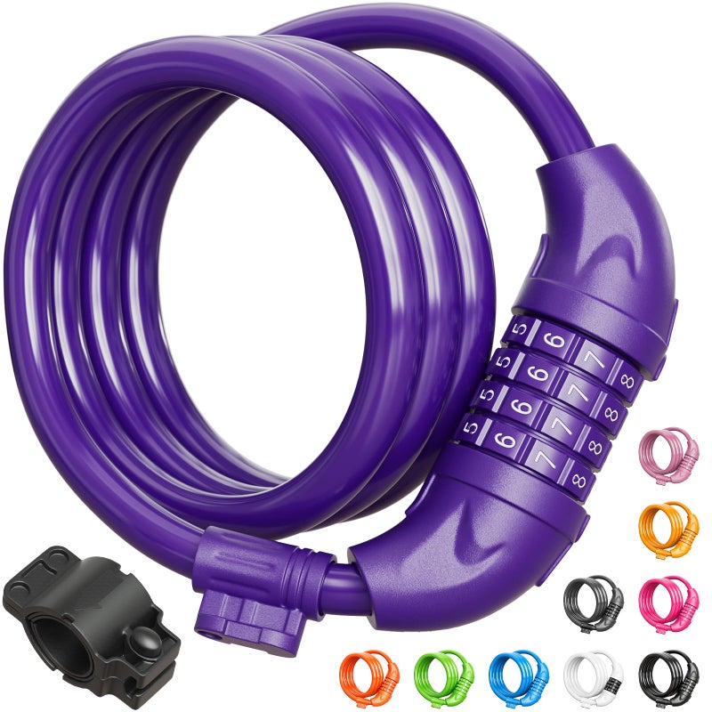 Titanker Bike Lock, 4 Feet Security Resettable Combination Coiling Bike Cable Locks with Mounting Bracket, 1/2 Inch Diameter (Purple) - Image 1